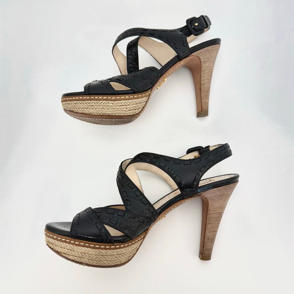 Prada Crisscross Platform Sandals Heels Black Leather Espadrille Platform 36.5 - Picture 5 of 12